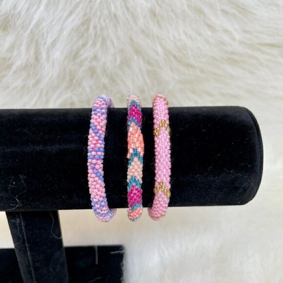 HAND CRAFTED in Nepal Beaded Bracelets (set of 3) PINK2 - Picture 4 of 4